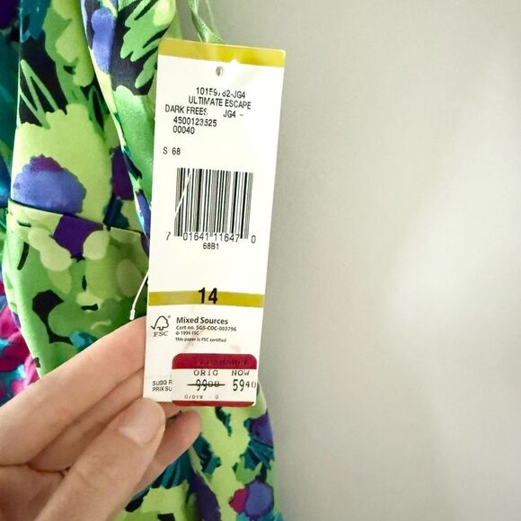 NWT Evan Picone Sleeveless Satin A-Line Dress in Green Multi Abstract - Size 14 - Picture 6 of 8